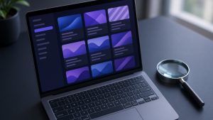 حاسوب يعرض نتائج بحث وعدسة مكبرة على مكتب مضاء